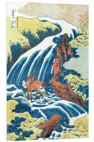 Foam board print Two men washing a horse at a waterfall