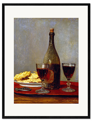 Impression artistique encadrée Stillleben mit zwei Rotweingläsern, einer Flasche, einem Korkenzieher und einem Teller mit Gebäck.