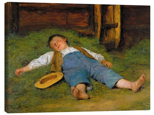 Canvas print Sleeping boy in the hay