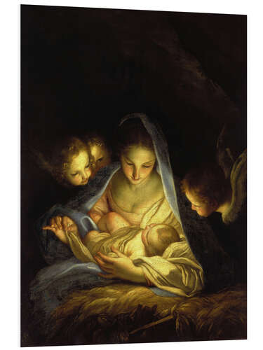 Foam board print Mary with the Christ child bent over the crib