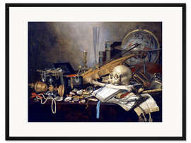 Gerahmter Kunstdruck Ein Vanitas-Stillleben mit Musikinstrumenten, einem goldenen Pokal, einem Globus, einem Schädel und 