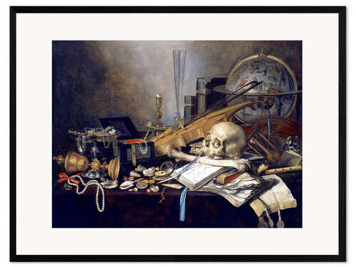Kehystetty taidepainatus Ein Vanitas-Stillleben mit Musikinstrumenten, einem goldenen Pokal, einem Globus, einem Schädel und 