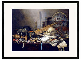 Framed art print Ein Vanitas-Stillleben mit Musikinstrumenten, einem goldenen Pokal, einem Globus, einem Schädel und 