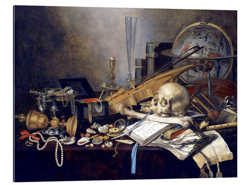 Gallery print Ein Vanitas-Stillleben mit Musikinstrumenten, einem goldenen Pokal, einem Globus, einem Schädel und 