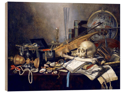 Holzbild Ein Vanitas-Stillleben mit Musikinstrumenten, einem goldenen Pokal, einem Globus, einem Schädel und 