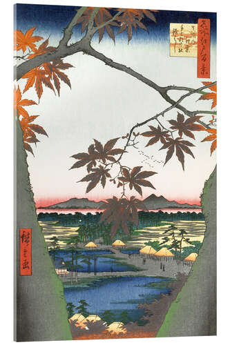 Obraz na szkle akrylowym Maple leaves, the Tekona shrine and the bridge
