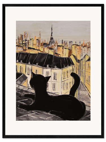 Gerahmter Kunstdruck Schwarze Katze auf den Dächern von Paris