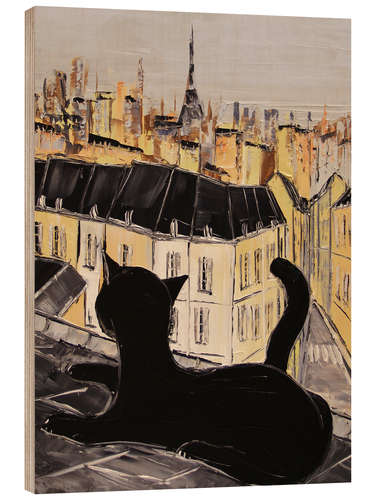 Wood print Black cat on the roofs of Paris