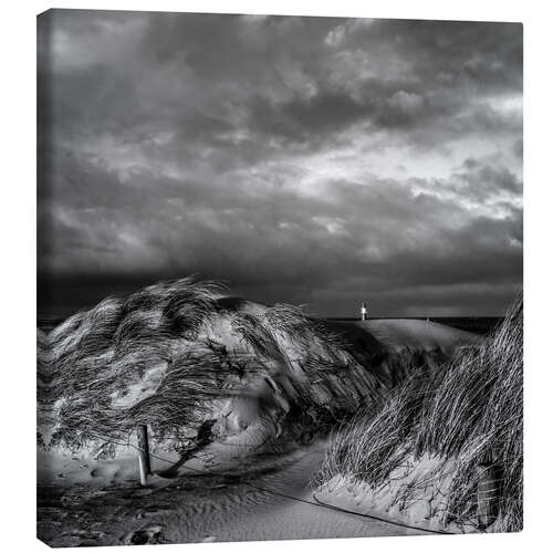 Leinwandbild Dünen an der Ostsee mit Leuchtturm monochrome