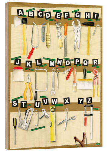 Tableau en bois L'alphabet des outils (allemand)