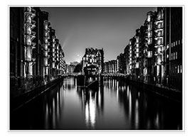 Poster Hambourg, la Speicherstadt de nuit en noir et blanc