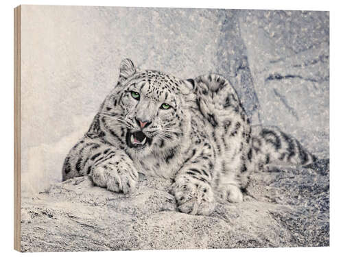 Wood print snow leopard