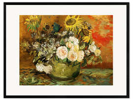 Inramat konsttryck Roses and sunflowers