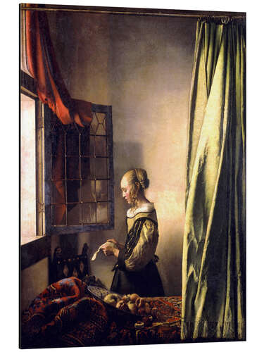 Aluminiumtavla Girl reading a letter at an open window