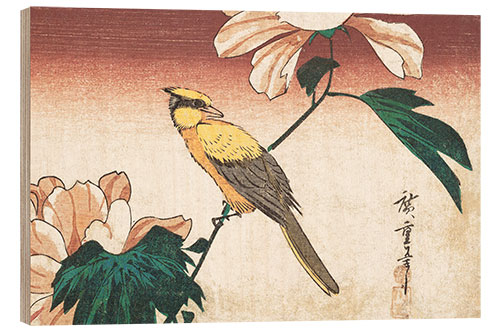 Wood print Hibiscus Mutabilis and Jay