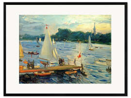 Ingelijste kunstdruk Sailboats on the Alster Lake in the evening