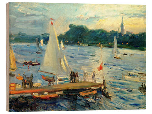 Tableau en bois Voiliers sur le lac Alster en soirée