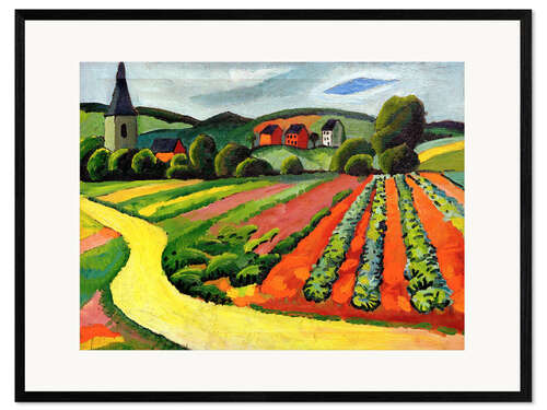 Gerahmter Kunstdruck Landschaft mit Kirche und Weg