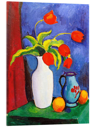 Akrylglastavla Red tulips in white vase