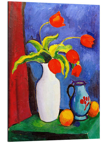 Aluminium print Red tulips in white vase