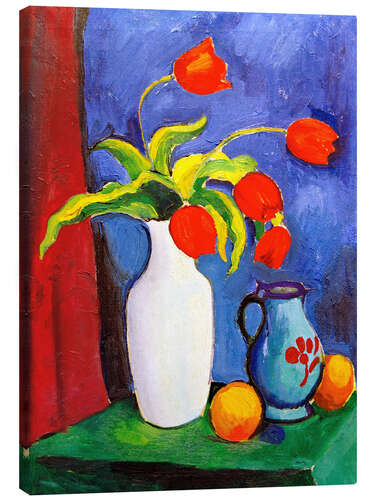 Canvas print Red tulips in white vase