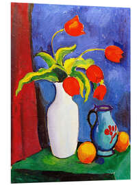 Foam board print Red tulips in white vase