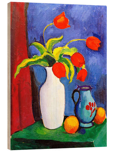 Wood print Red tulips in white vase