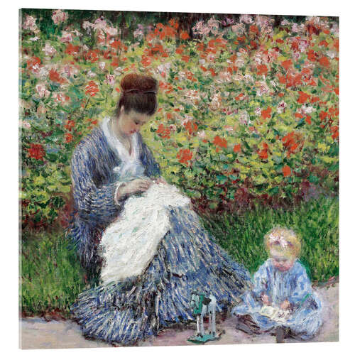 Stampa su vetro acrilico Camille Monet e un bambino nel giardino