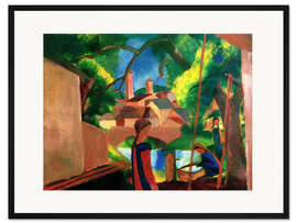 Gerahmter Kunstdruck Kinder am Brunnen mit Stadt im Hintergrund