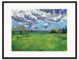 Gerahmter Kunstdruck Wiese mit Blumen unter Gewitterhimmel