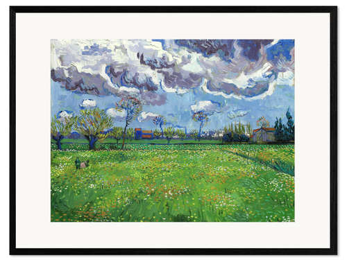Stampa artistica con cornice Meadow with flowers and leaden sky