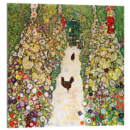 Quadro em plexi-alumínio Caminho de jardim com galinhas