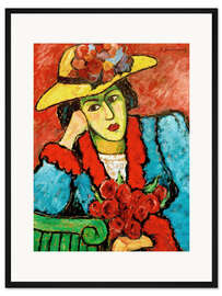 Gerahmter Kunstdruck Dame mit gelbem Strohhut