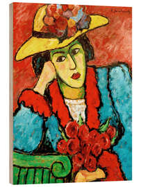 Wood print Lady with yellow straw hat