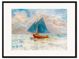 Framed art print Red boat with blue sails