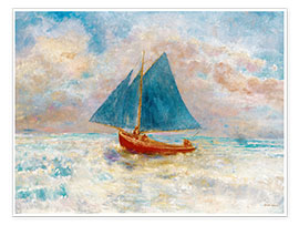 Poster Rotes Boot mit blauem Segel