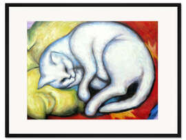 Gerahmter Kunstdruck Die weiße Katze (Kater auf gelbem Kissen)