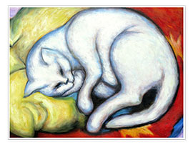 Poster Die weiße Katze (Kater auf gelbem Kissen)