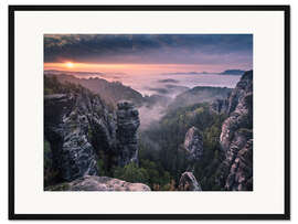 Gerahmter Kunstdruck Sonnenaufgang auf den Felsen der Sächsischen Schweiz