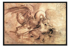 Gerahmter Kunstdruck Kampf zwischen einem Drachen und einem Löwen