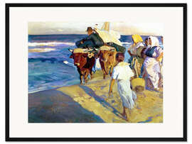 Gerahmter Kunstdruck Ziehen des Bootes auf den Strand, Valencia