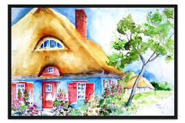 Gerahmter Kunstdruck Rieddachhaus an der Ostsee