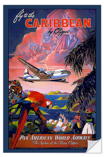 Selvklebende plakat Fly to Caribbean by clipper