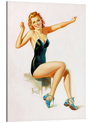 Tableau en aluminium Pin Up - Seated Redhead in Swimsuit