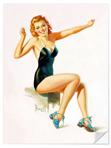 Selvklebende plakat Pin Up - Seated Redhead in Swimsuit