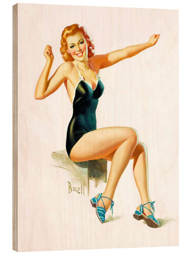 Wood print Pin Up - Seated Redhead in Swimsuit