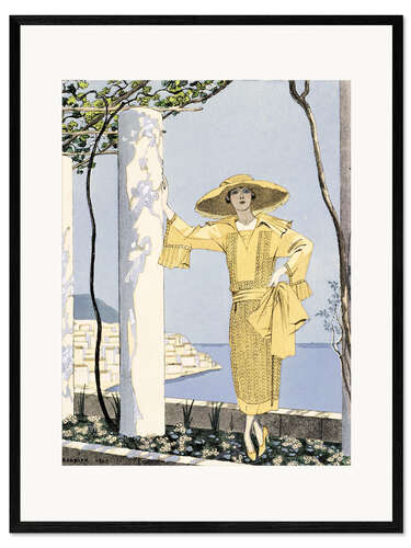 Impression artistique encadrée Amalfi, illustration d'une femme en robe jaune, 1922