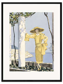 Impression artistique encadrée Amalfi, illustration d'une femme en robe jaune, 1922