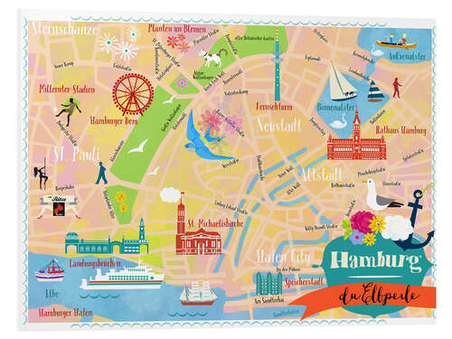 Foam board print Colorful city map Hamburg