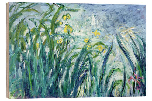 Tableau en bois Iris jaunes et violets